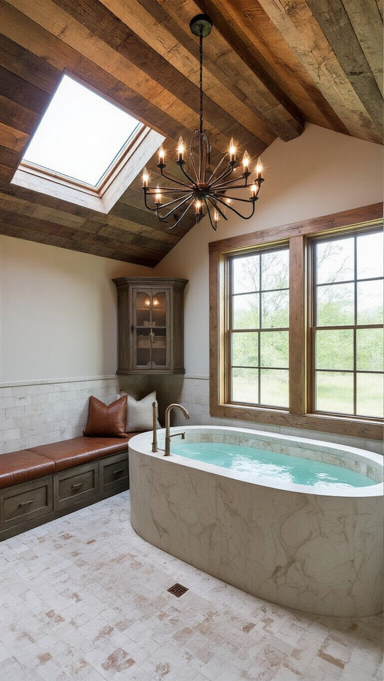Rustic spa wet room with marble tiles, stone tub under chandelier, barn wood ceiling, and vintage storage cabinet.