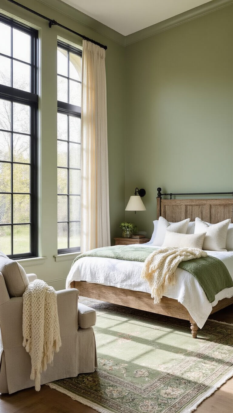 Wide-angle view of farmhouse primary bedroom with sage green walls, king oak bed in white and sage linens, tall windows with linen drapes, vintage Persian rug, and cozy seating area in morning light.