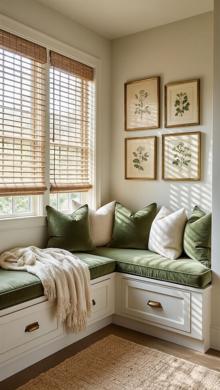Serene window nook with white built-in seat, sage cushions, and vintage decor in soft golden hour light.