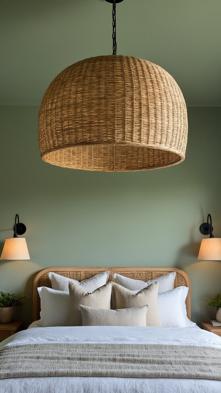 Low-angle view of oversized rattan pendant light casting shadows on sage ceiling, flanked by black iron sconces with linen shades, captured at blue hour.