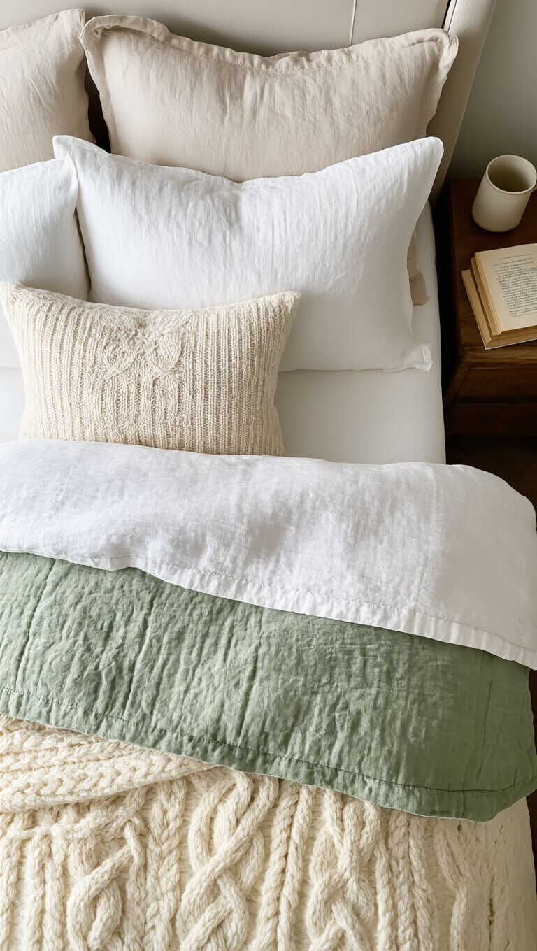 Close-up of layered bedding with white duvet, sage quilt, cream throw, and textured pillows in morning light.