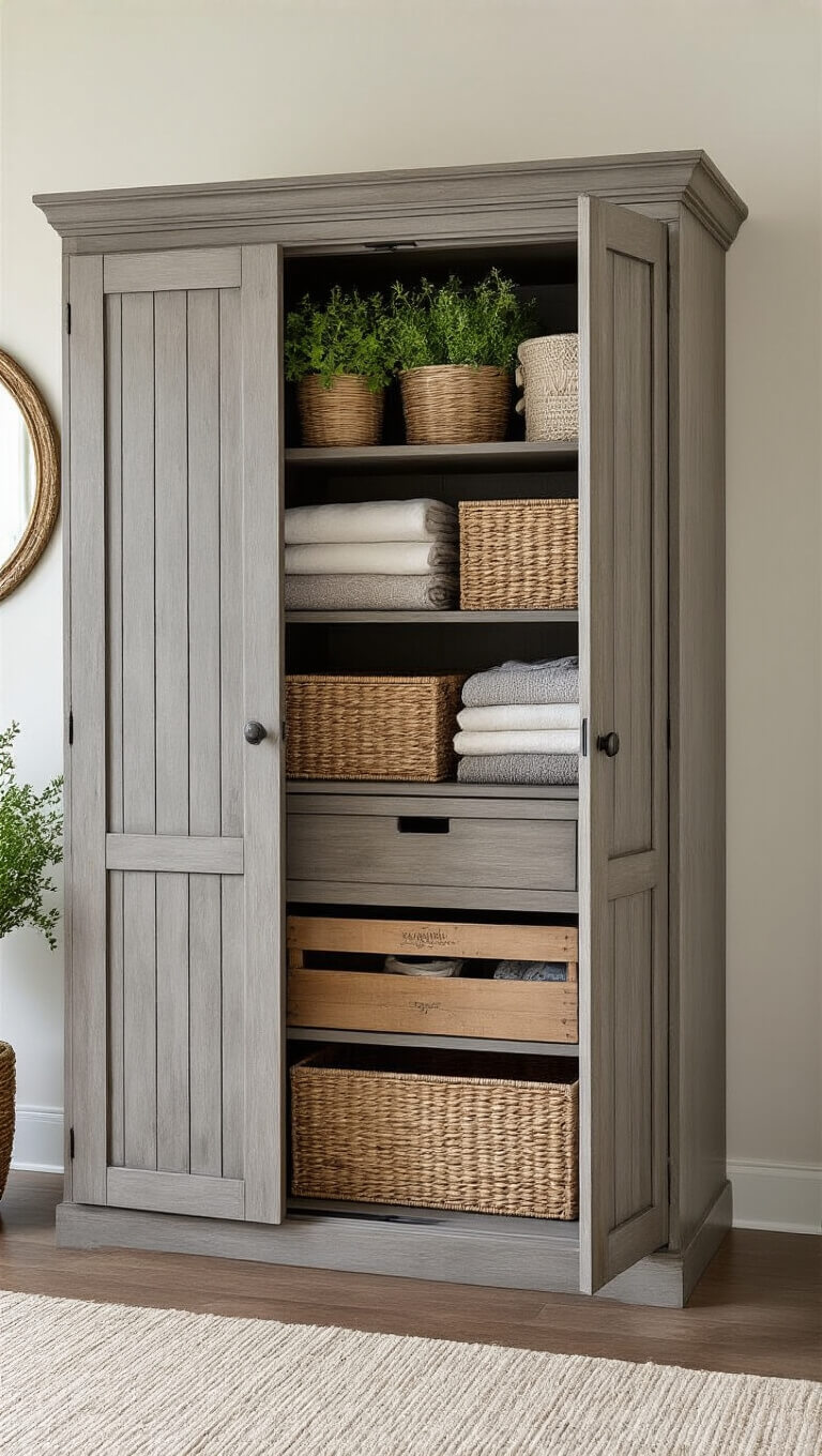 Wide built-in weathered gray armoire with woven baskets, vintage crates, organized linens, slightly open door revealing interior storage, styled with potted herbs and vintage mirror.