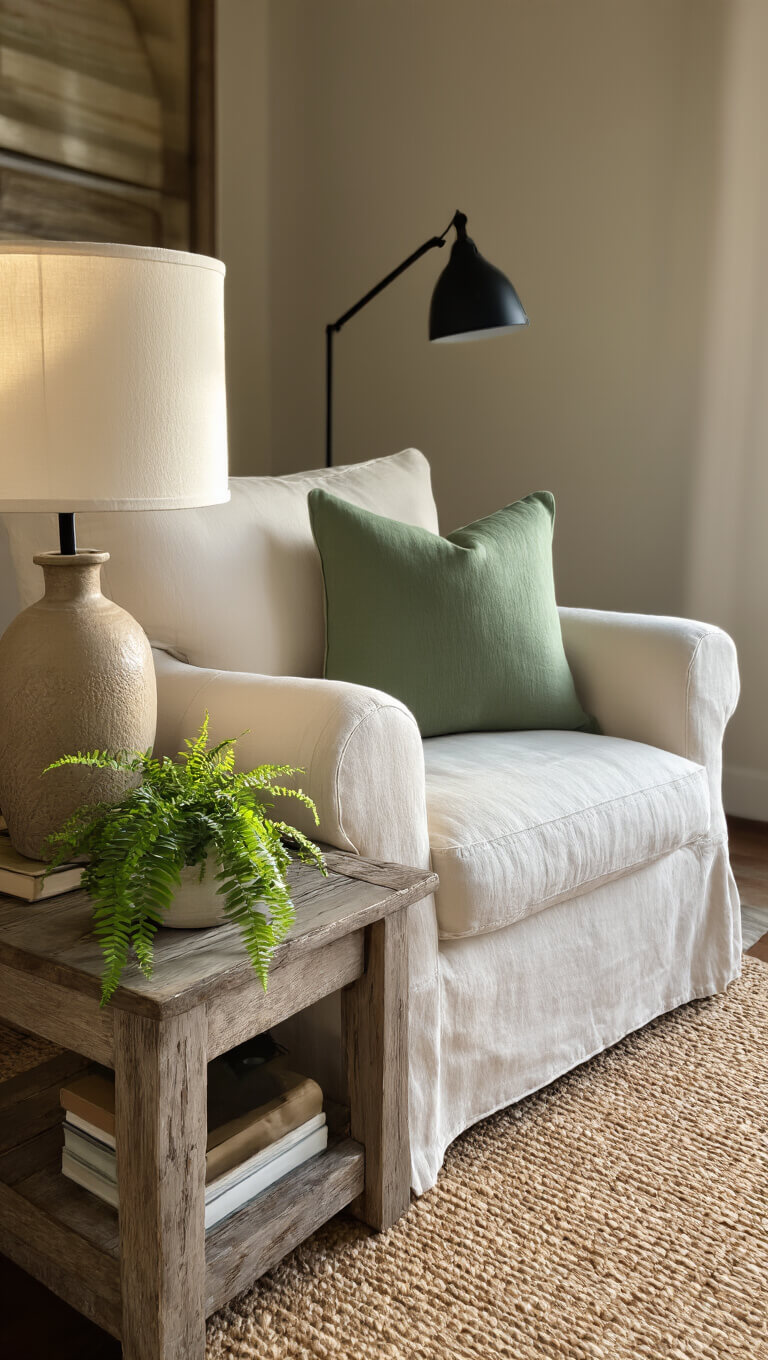 Cozy reading corner with cream linen armchair, sage pillow, wood side table, ceramic lamp, books, and fern, lit by golden hour light.