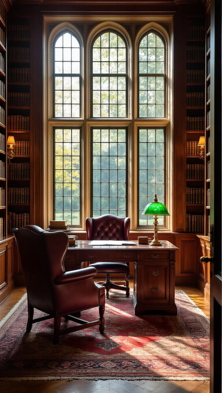 Low-angle view of a grand mahogany study with tall bookshelves, warm golden light from mullioned windows, a large carved desk with a green banker's lamp, burgundy leather wingback chair, and rich Persian rug.