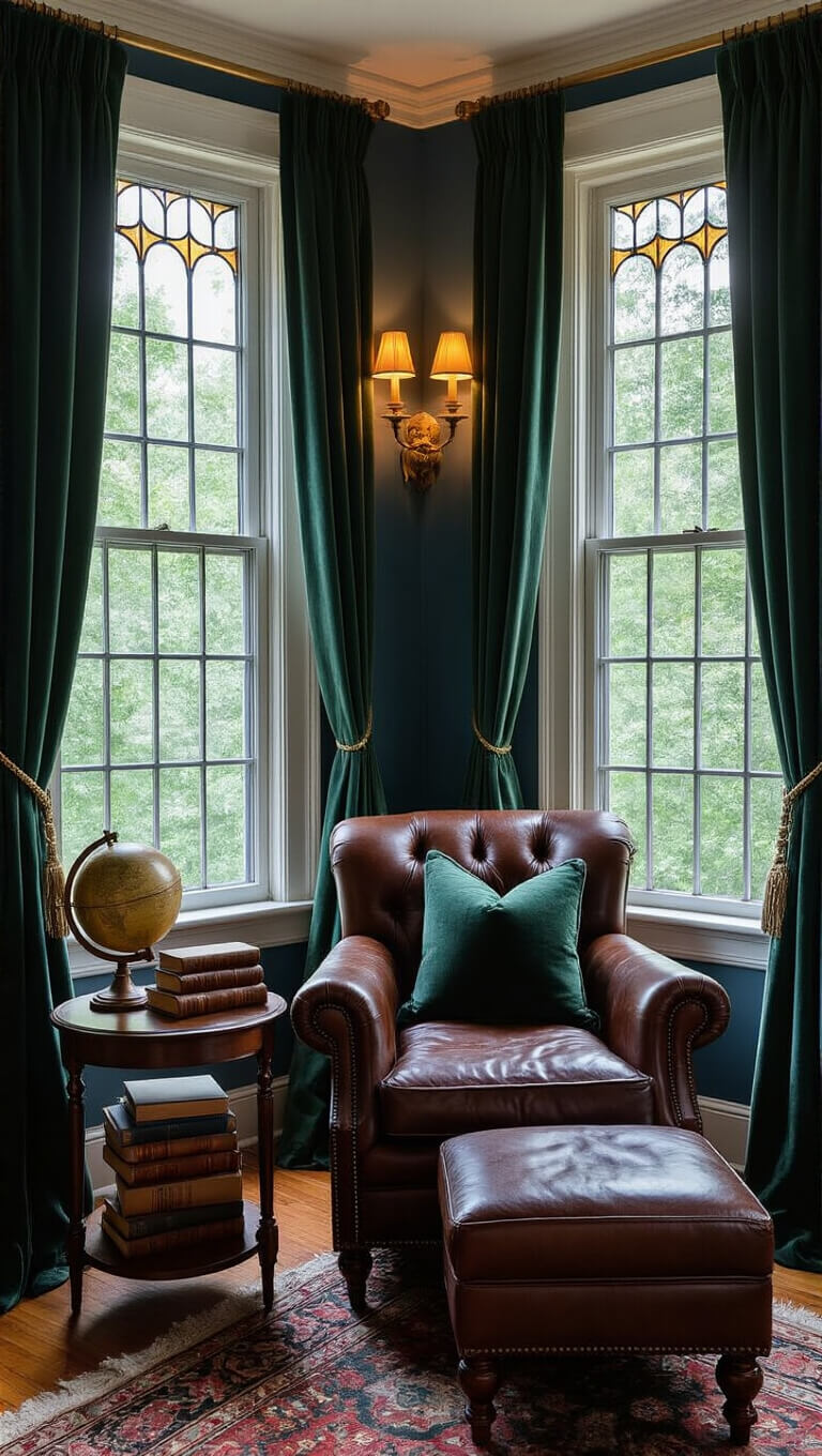 Cozy Victorian reading nook with leather armchair, antique side table, and warm brass lighting in twilight shadows, framed by forest green velvet curtains and leaded glass windows.
