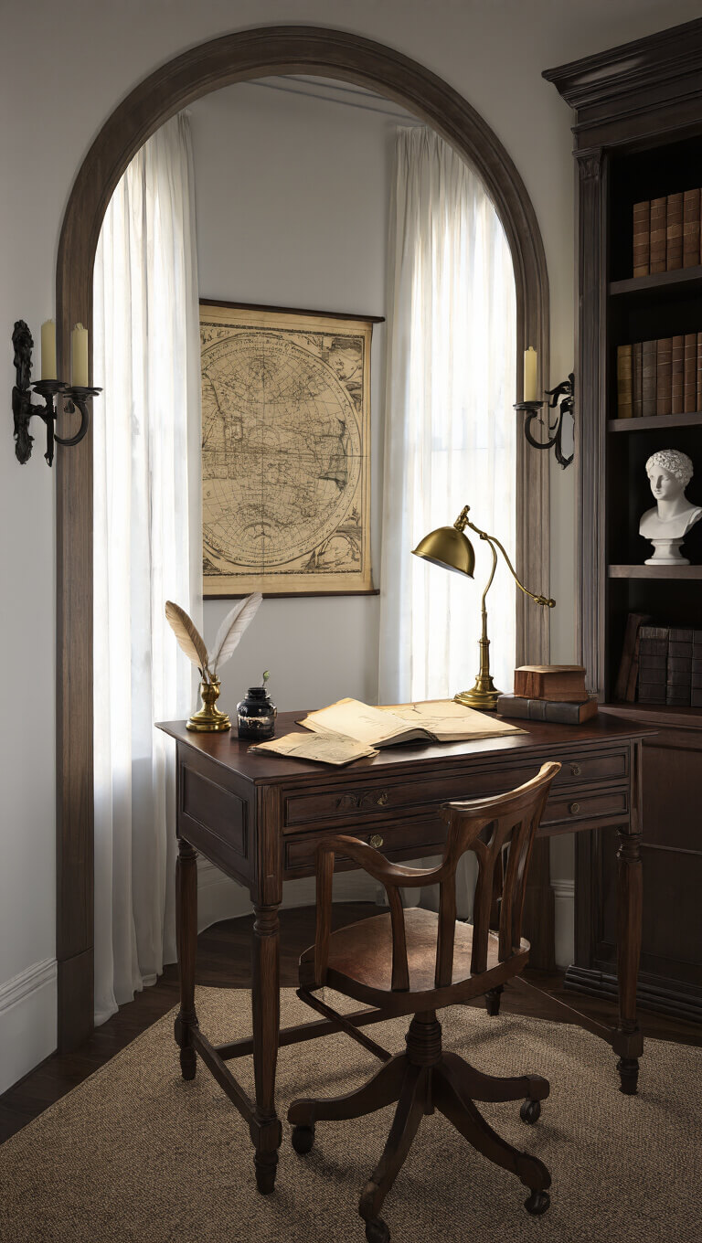 Scholar's bedroom corner with dark walnut desk under arched window, early light filtering through sheer curtains, brass lamp over inkwell and vintage papers, map above flanked by sconces, classical bust on bookshelf, captured in moody chiaroscuro.
