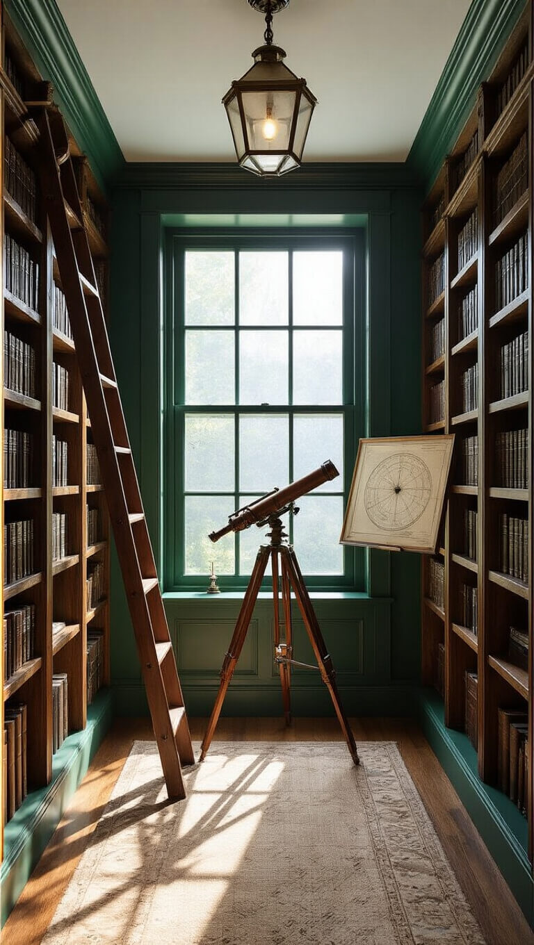 Library alcove with oak shelves, rolling ladder, emerald green walls, antique telescope by window, and dramatic midday lighting.