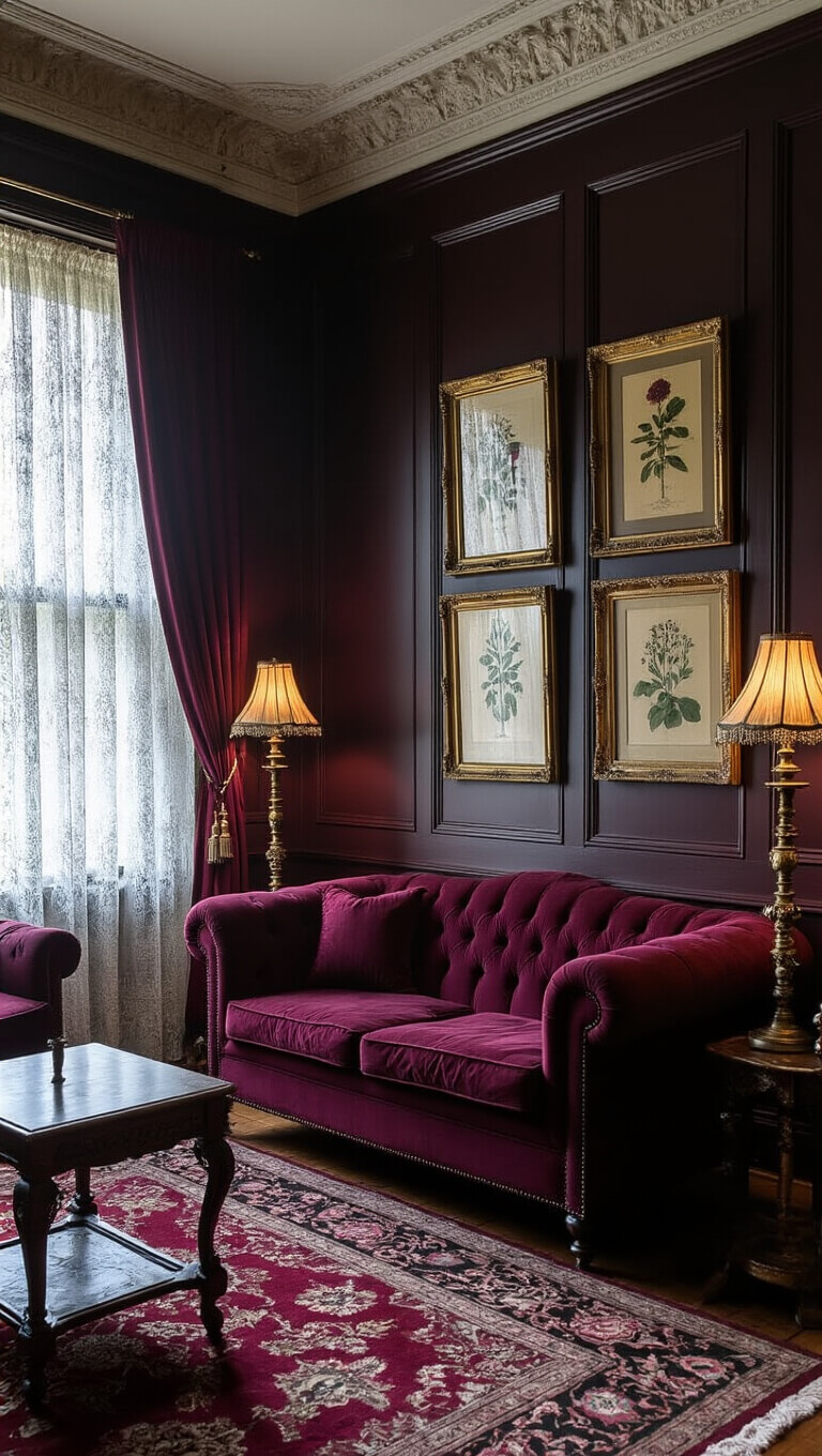 Victorian sitting room with dark paneled walls, burgundy chesterfield sofa, and vintage décor in dusk lighting with gothic ambiance.