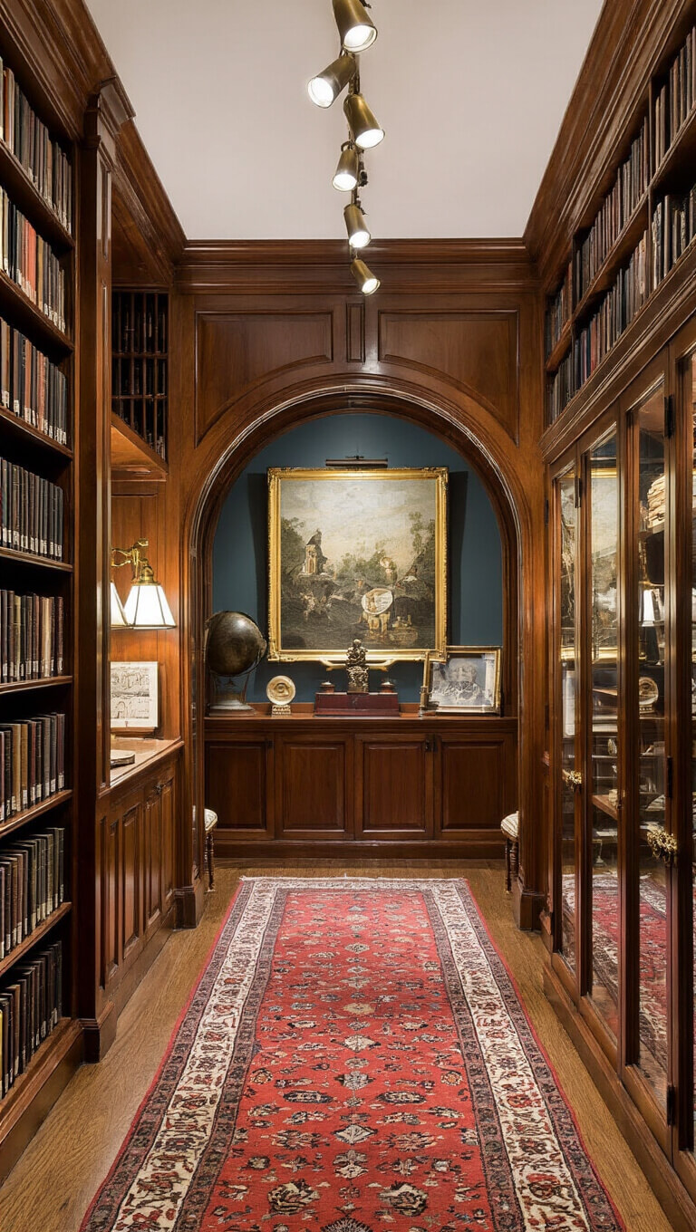 Low-angle view of a narrow study corridor with walnut bookcases, oriental runner, arched doorway, directional lighting, and vintage decor.