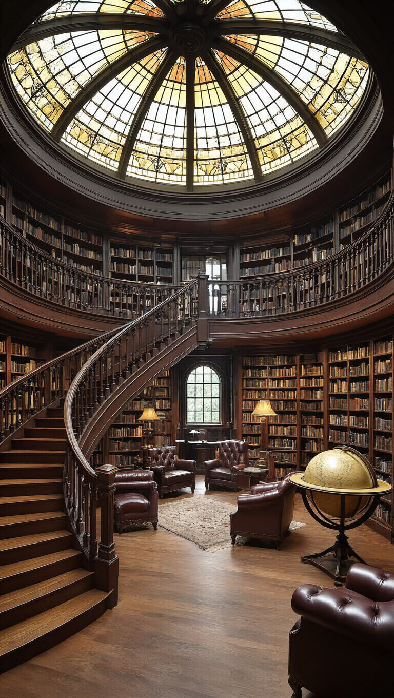 View from mezzanine overlooking elegant private library with stained glass dome, spiral staircase, vintage seating, and scientific decor.