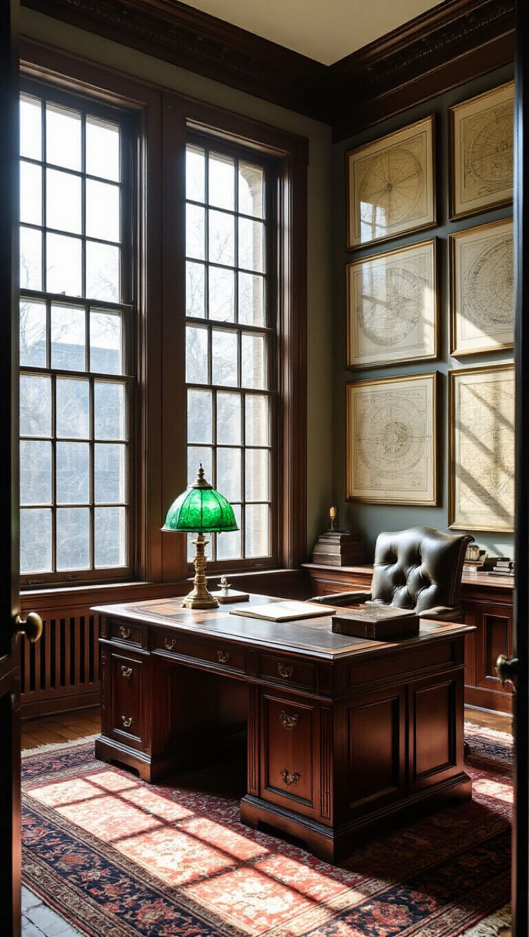 Victorian scholar's office with large partner's desk, green glass lamp, antique maps on wall, and morning light casting shadows through divided light windows.