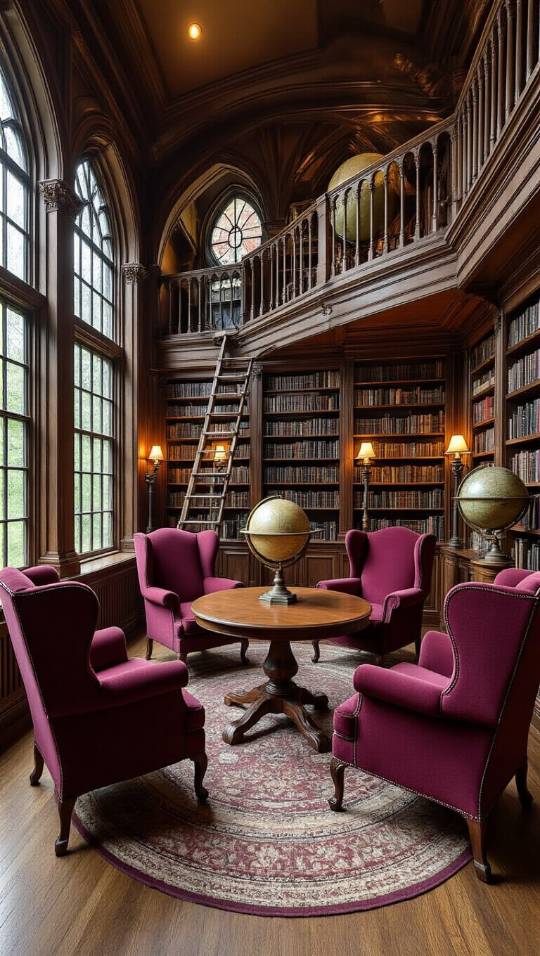 Gothic revival reading room with burgundy wingback chairs around circular table, tall bookshelves with ladder, antique globes, and dramatic stormy light.