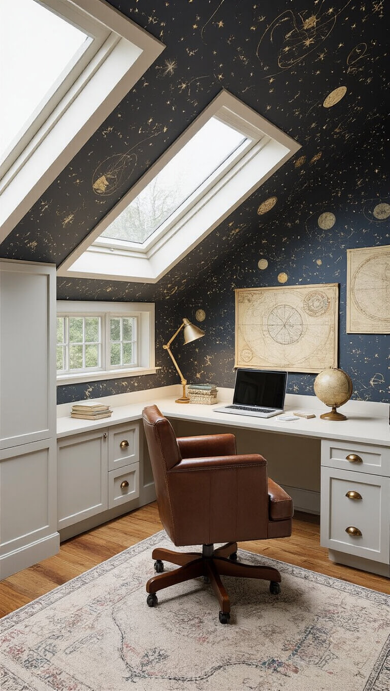 Cozy attic study nook with dormer window, built-in desk, leather chair, celestial wallpaper on slanted ceilings, and vintage maps on walls, lit by soft rainy daylight and task lighting.