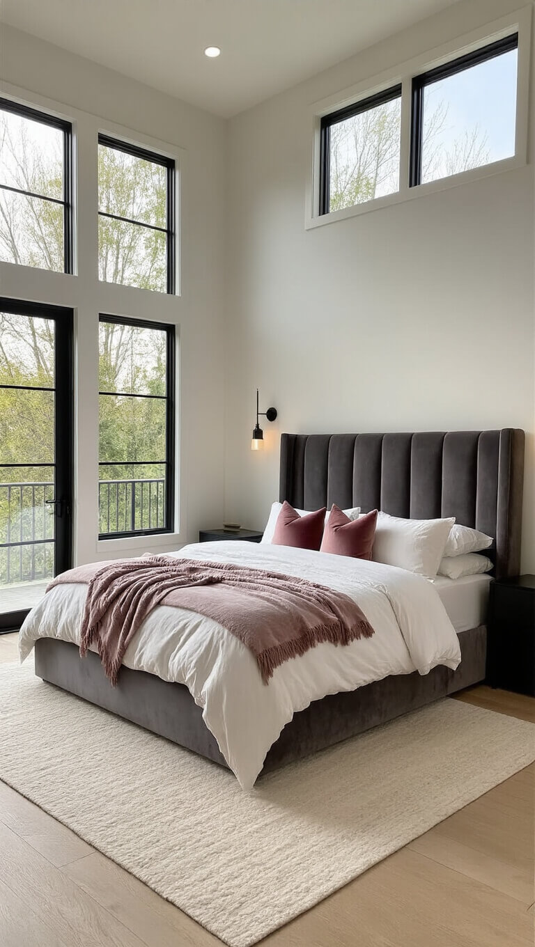 Spacious modern bedroom with king bed, charcoal tufted headboard, white linens, grey throws, rose pillows, and floor-to-ceiling windows glowing with golden light.