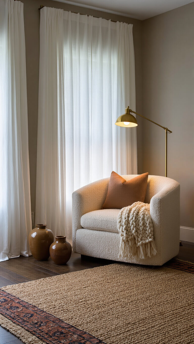 Cozy corner of a 12x14ft bedroom at blue hour featuring a cream bouclé chair, gauzy white curtains, brass floor lamp, and layered rugs on greige limewash walls.