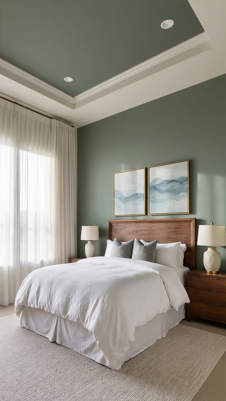 Serene master bedroom at sunrise with California king bed, sculptural walnut headboard, sage green accent wall, and soft morning light streaming through sheer drapes.