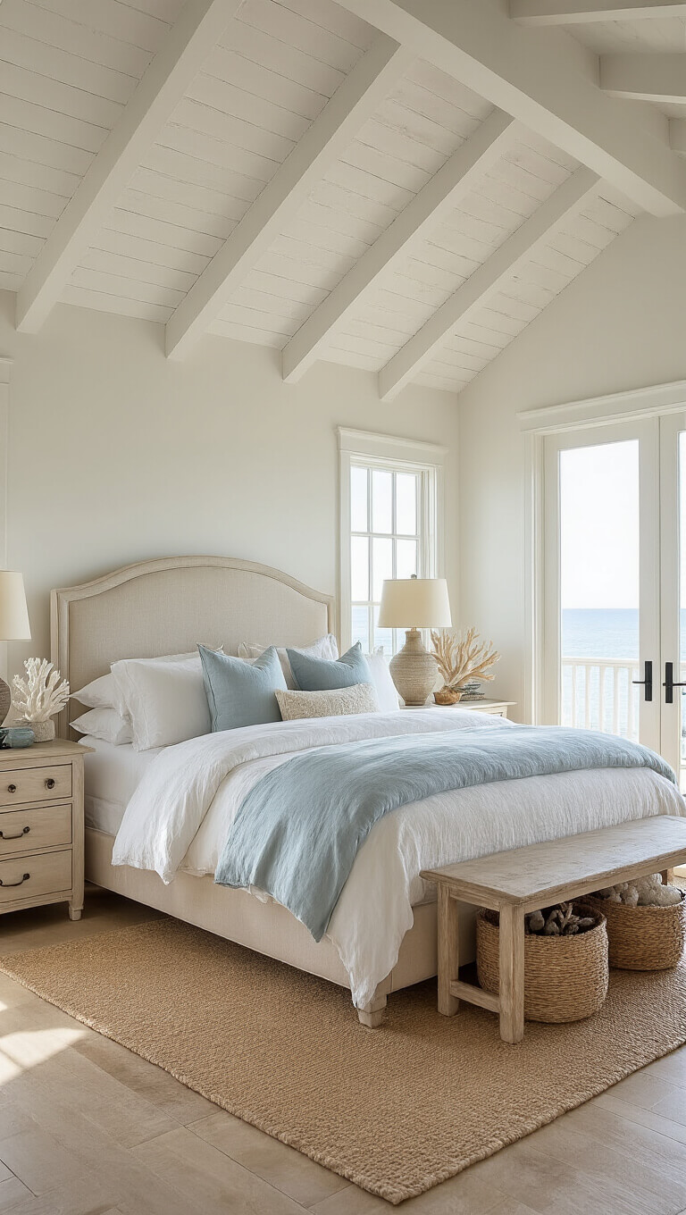 Coastal-themed bedroom with peaked ceiling, natural linen queen bed, whitewashed oak furniture, and ocean view through French doors in soft mid-morning light.
