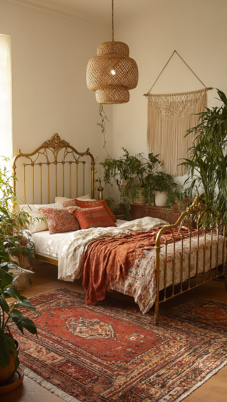 Bohemian-style bedroom with vintage brass bed, layered rugs, macramé wall hanging, potted plants, and warm golden hour lighting.