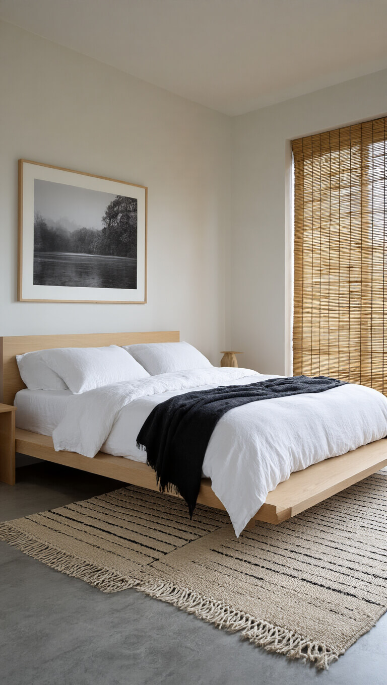 Minimalist 15x17ft bedroom with Japanese-style low platform bed, white linen bedding, bamboo window blinds, black and white photo above bed, concrete floor, and geometric wool rug.