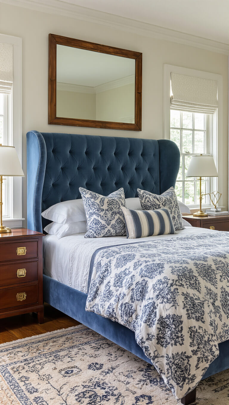 Traditional 14x16ft bedroom in afternoon light with steel blue velvet wingback headboard, classic mahogany furniture with lucite and brass accents, layered navy, grey, and cream bedding, and inlaid wood mirror above bachelor's chest.