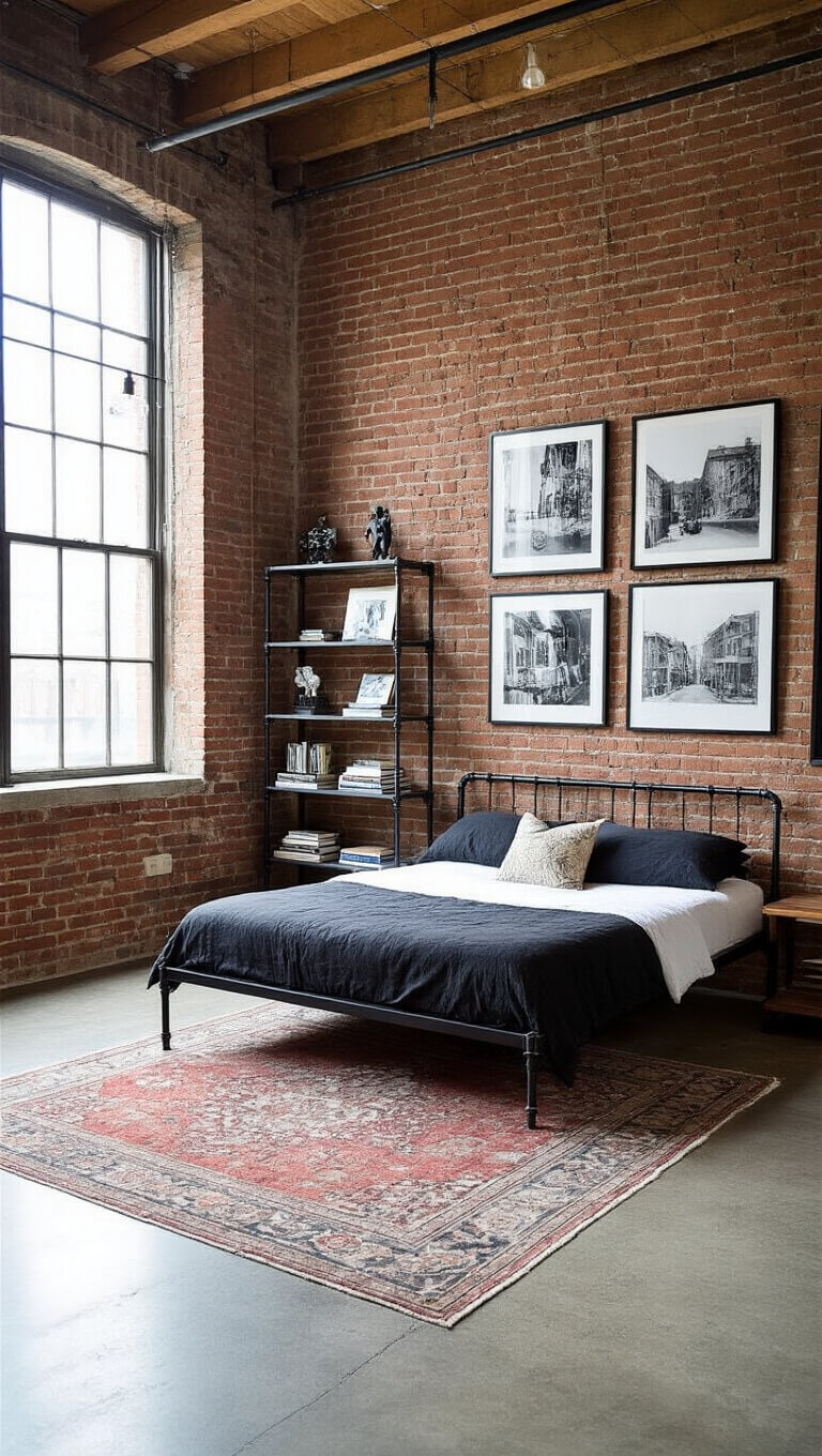 Artistic loft with exposed brick wall, queen metal bed, black-and-white gallery wall, industrial shelving, and vintage rug on concrete floors.
