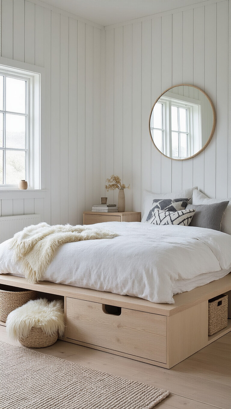 Scandinavian-style 12x14ft bedroom with pale wood furniture, white plank walls, platform bed with storage, and minimalist decor in morning light.