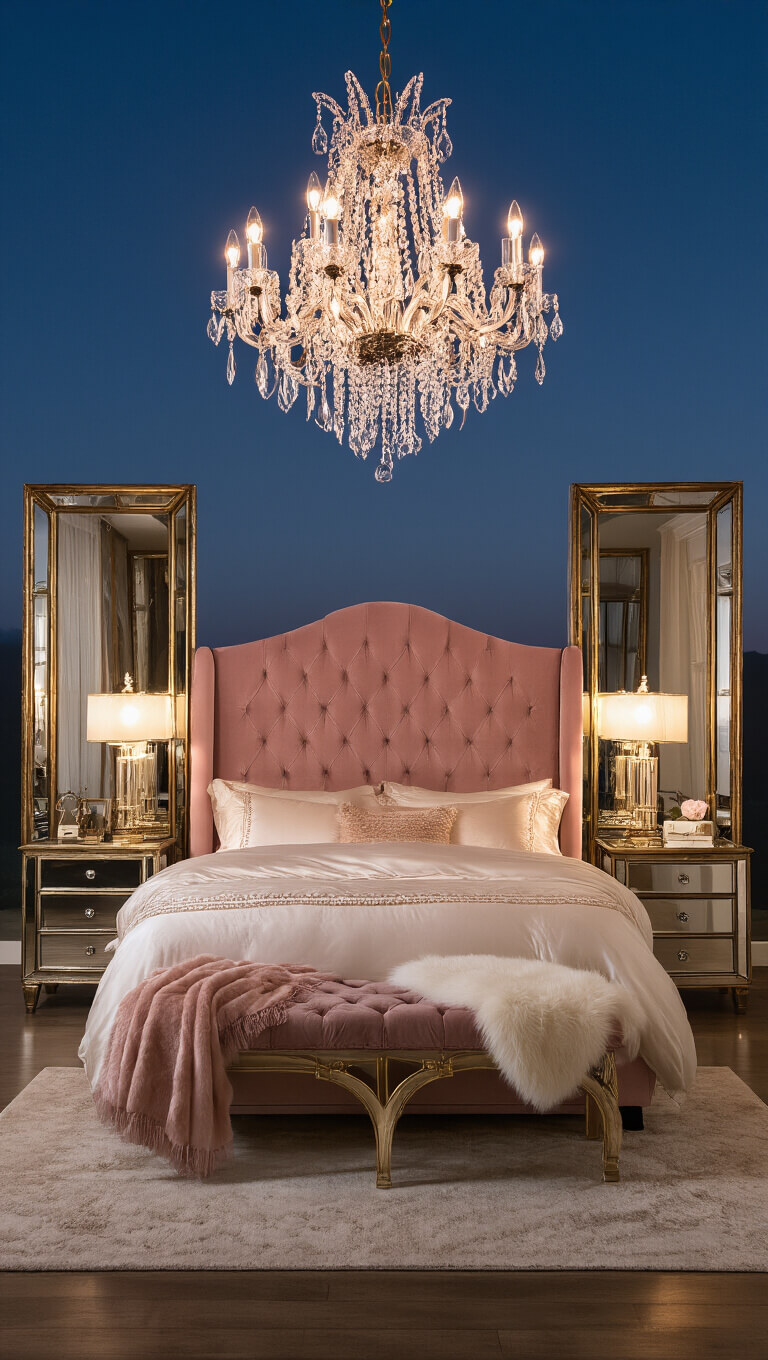 Luxurious blush pink velvet bedroom with tufted king headboard, crystal chandelier, mirrored nightstands, ivory silk bedding, and warm mood lighting at twilight.