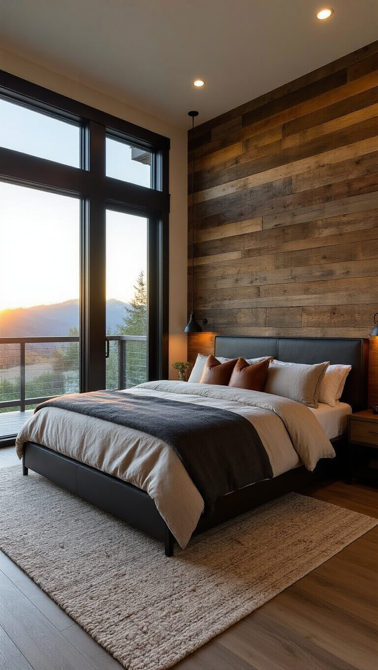 Mountain modern bedroom with reclaimed timber accent wall, blackened steel platform bed, charcoal and cream bedding, cognac leather accents, and floor-to-ceiling windows showing mountain sunset views.
