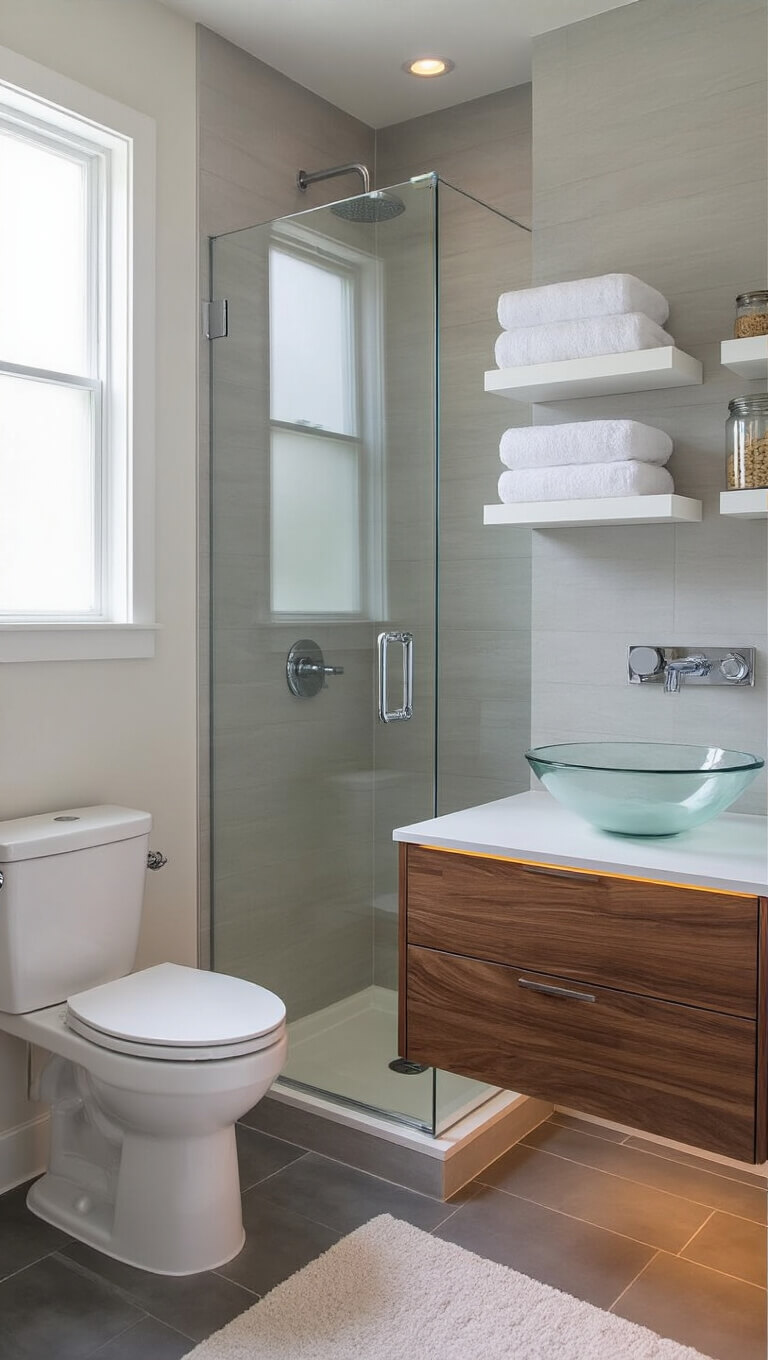 Compact 5x7ft modern bathroom with white toilet, walnut floating vanity, glass shower panel, and diagonal gray porcelain tiles, lit by natural light through frosted window.