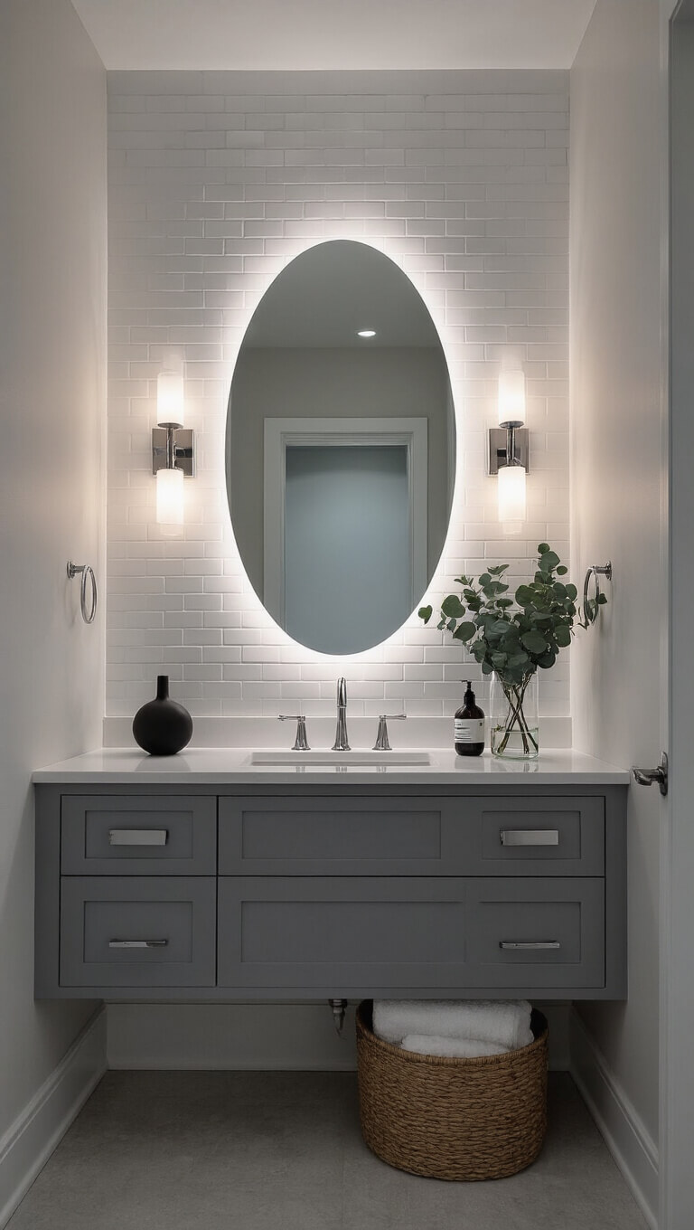Modern dusk bathroom with backlit oval mirror, gray vanity, floating cabinet, chrome fixtures, and minimalist decor.
