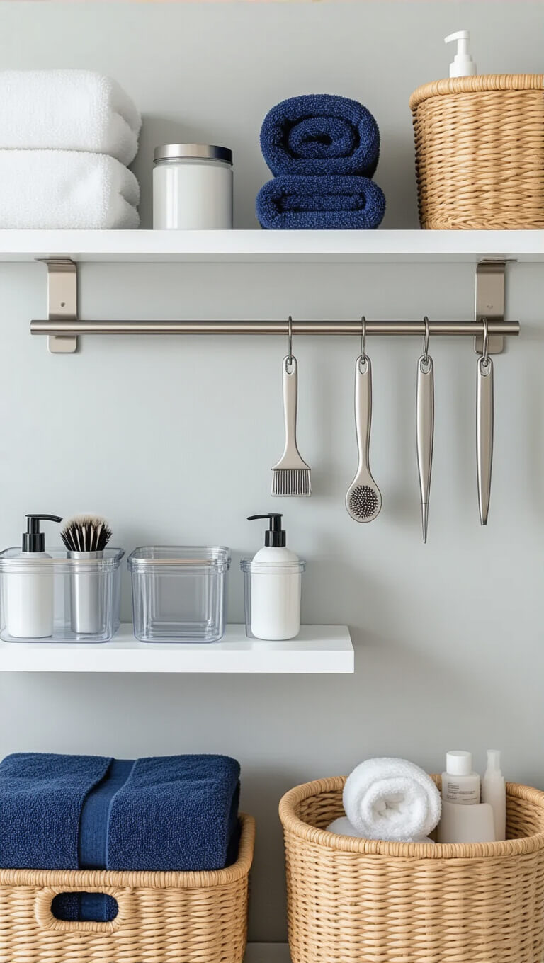Eye-level view of a neatly organized bathroom with grooming tools on a magnetic strip, clear containers and navy towels on white shelves, an over-door brushed nickel organizer, and rattan baskets against a pale gray wall.