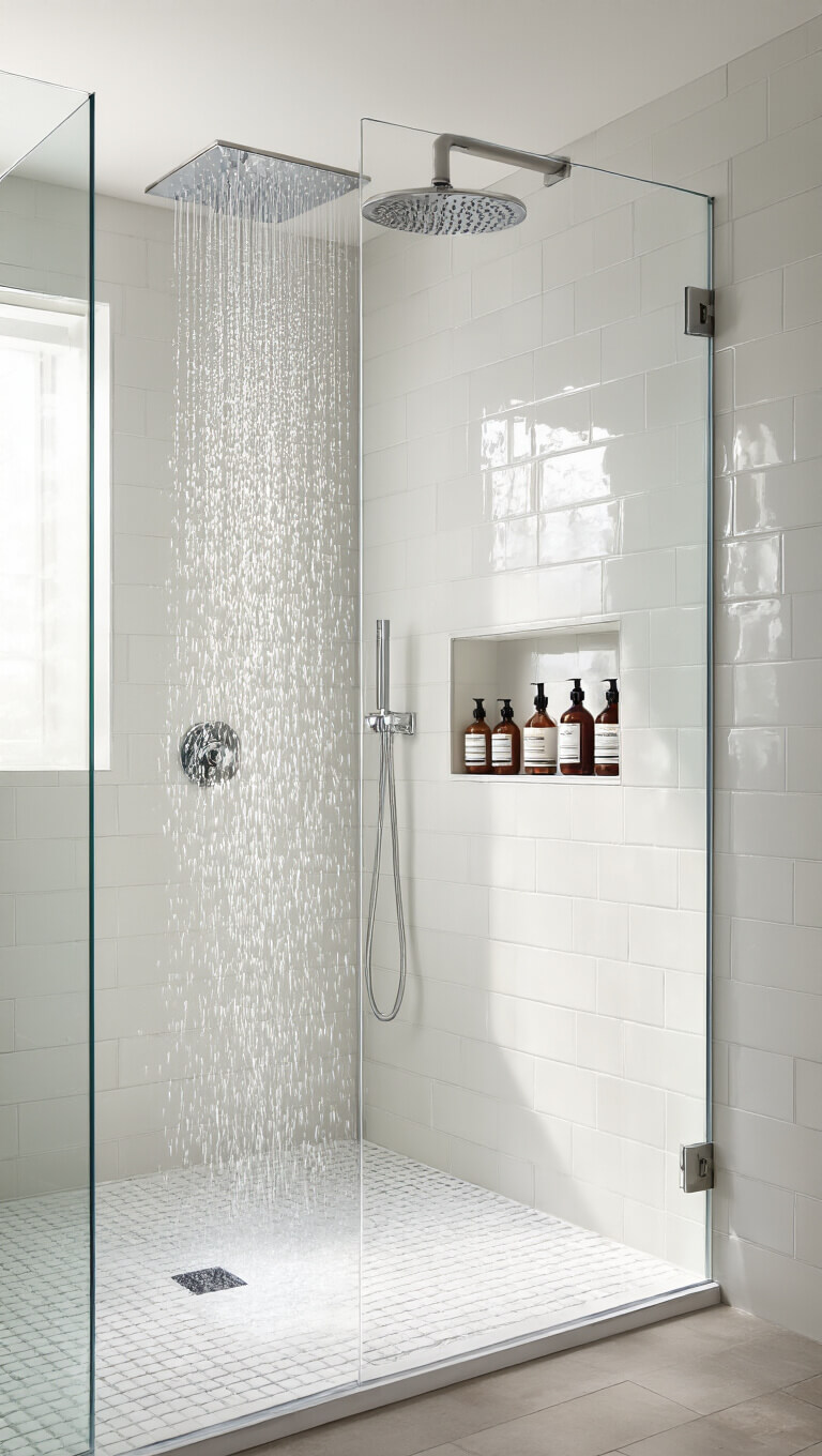 Frameless glass shower in late afternoon light with chrome rainfall showerhead, white penny tile floor, large wall tiles, and niche shelf with premium toiletries.