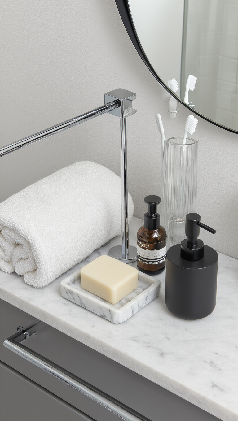 Overhead view of minimalist vanity with space-saving accessories, including chrome toilet paper holder, rolled white towels in glass cylinder, essential oils on marble tray, and matte black soap dispenser and toothbrush holder.