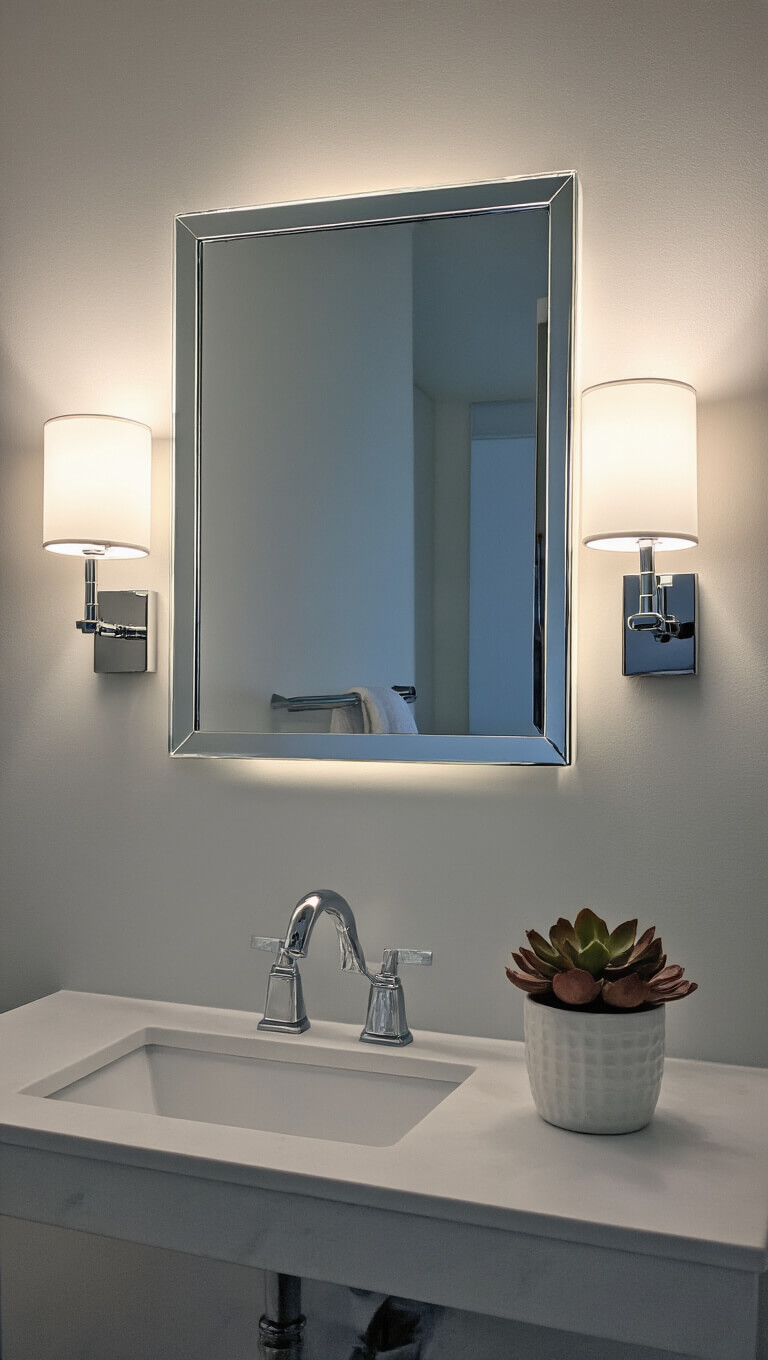 Modern bathroom reflected in mirror with glowing sconces, floating LED mirror, chrome fixtures, and small potted succulent.