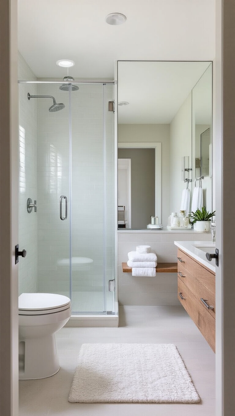 Wide-angle view of modern bathroom renovation with floating vanity, wall-mounted toilet, glass shower, mirror wall, and minimalist spa-style decor.