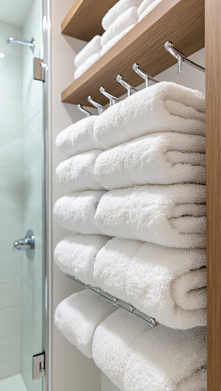 Close-up of modern chrome towel hooks with white towels at staggered heights, glass shower panel, floating shelf, white walls, and warm wood accents.