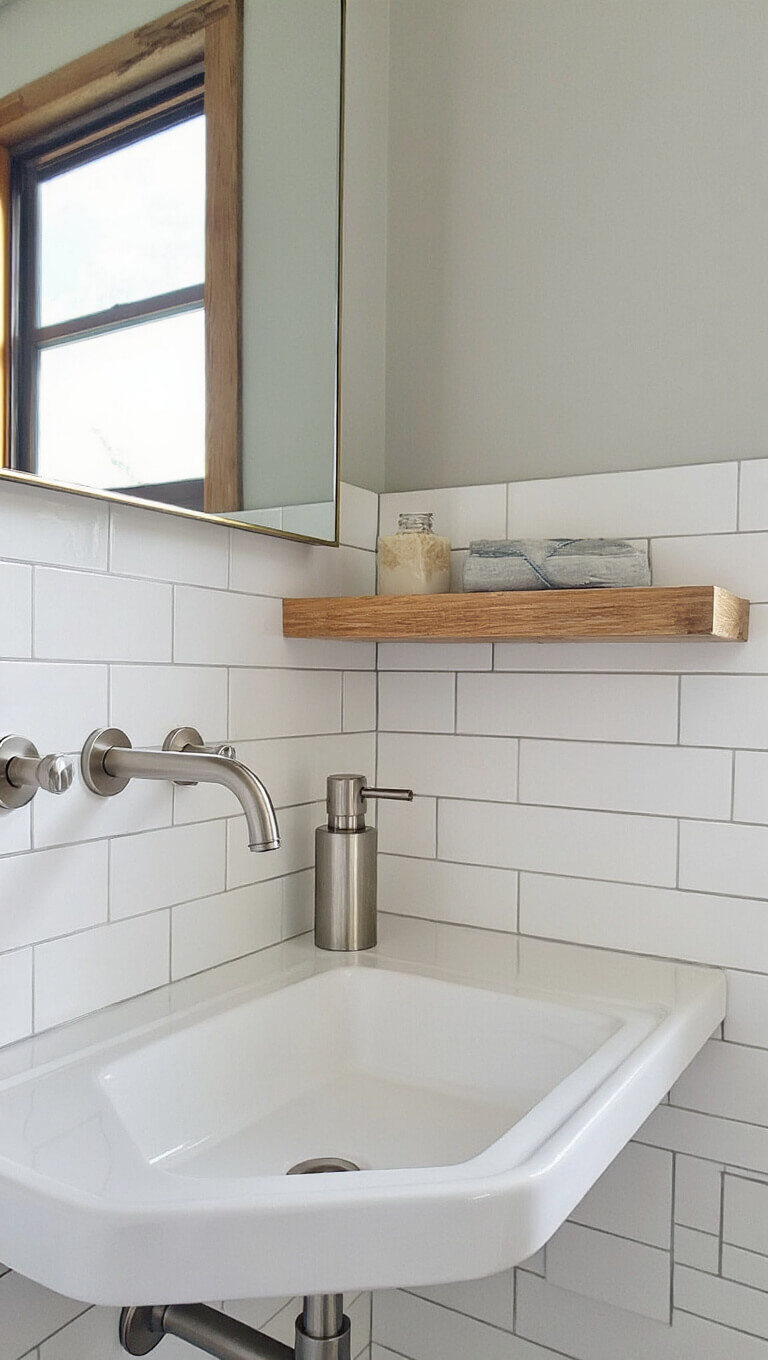 Corner sink installation with brushed nickel wall-mounted faucet, floating shelf, and white subway tile backsplash, maximizing small space efficiency.