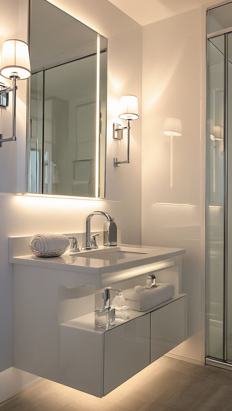 Warmly lit modern bathroom with backlit mirror, under-cabinet LED strip, chrome fixtures, and reflective glass surfaces creating a luxurious spa-like ambiance.