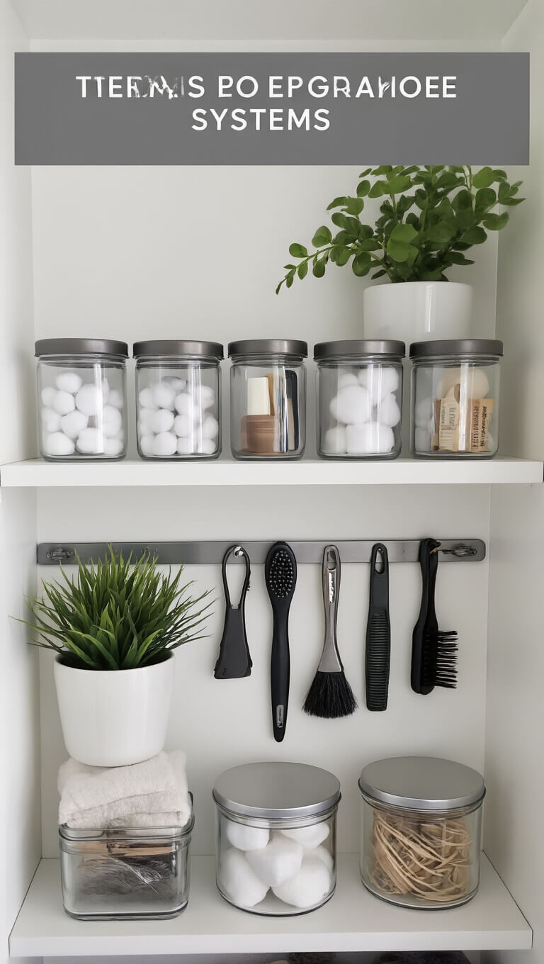 Decluttered bathroom shelf with glass canisters, grooming tools on magnetic strip, and small potted plant for a calm, organized look.