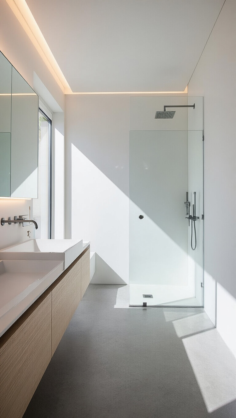 Minimalist bathroom at twilight with wall-mounted fixtures, glass shower panel, and dramatic LED lighting highlighting clean white geometry.