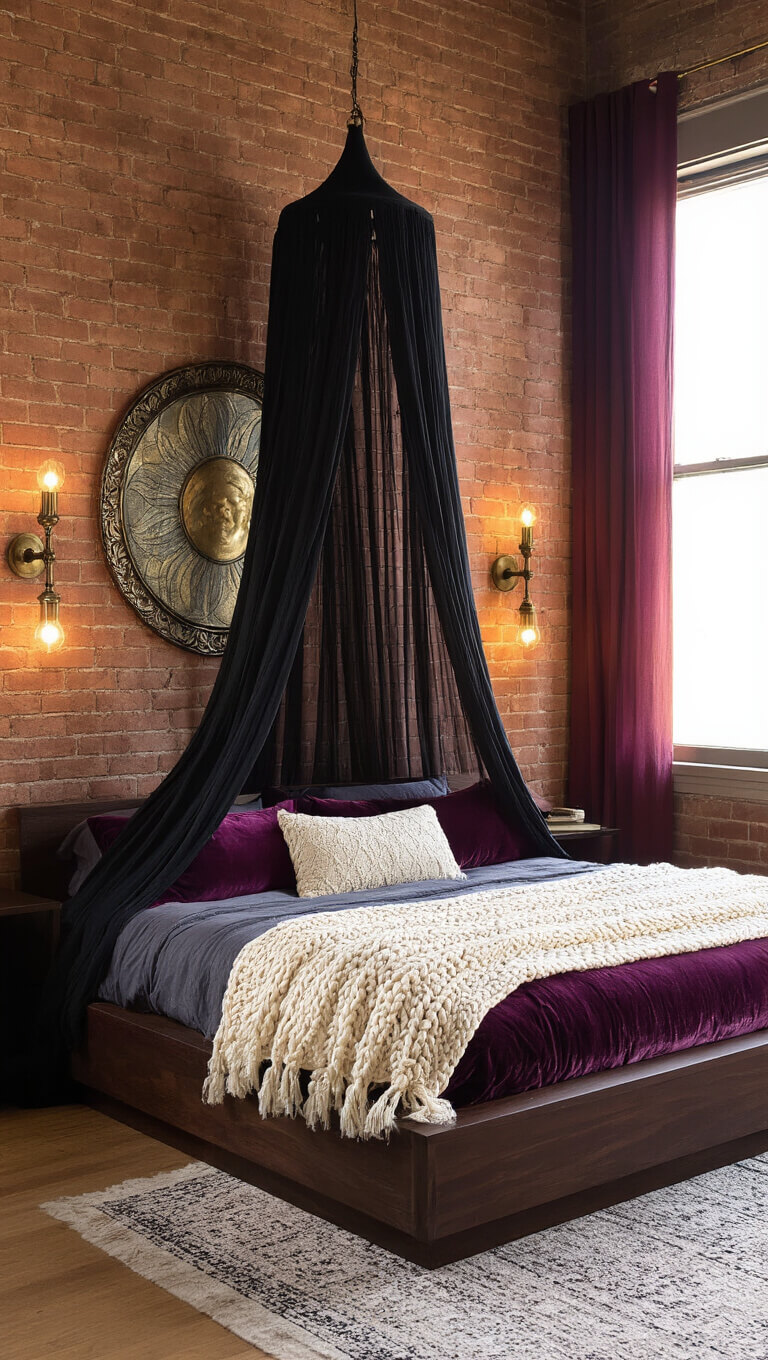 Cozy bedroom at golden hour with dark walnut platform bed, black macramé canopy, deep-toned layered bedding, exposed brick wall, moon phase mirror, and warm ambient lighting.