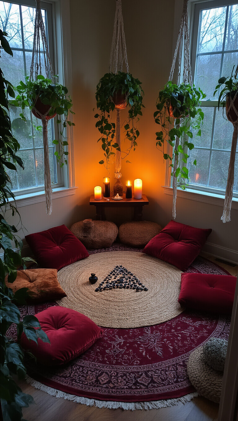 Cozy witch’s meditation nook at dusk with copper velvet cushions on layered rugs, low altar table with crystals, candles, and sage, surrounded by hanging plants and ambient salt lamp glow.