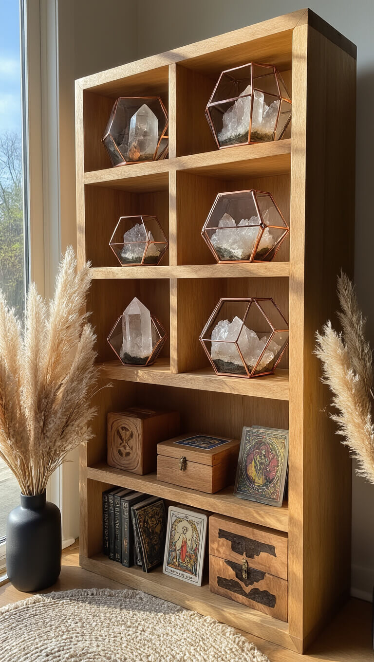 Built-in wooden shelves displaying crystals in copper terrariums, smoky agate bookends, tarot cards, and dried florals in black vases, lit by dramatic afternoon side light.