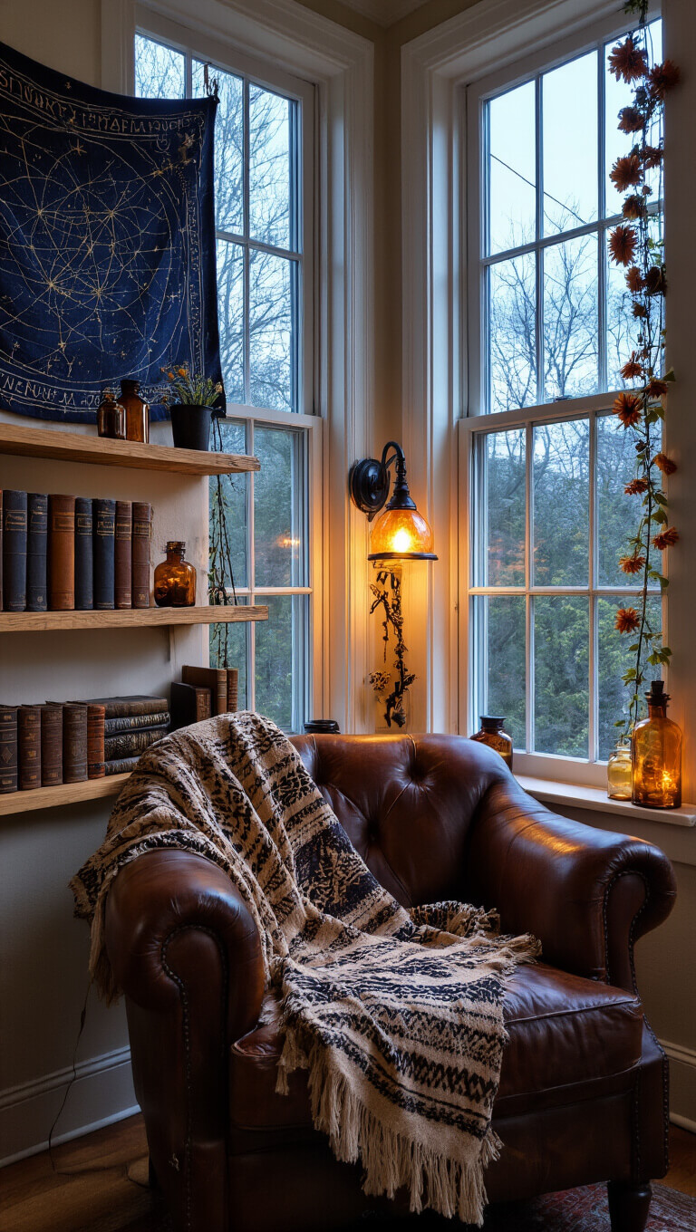 Cozy enchanted reading nook with vintage leather armchair, tribal throw, floating shelves of grimoires and potions, constellation tapestry, and dried flower garland at twilight.