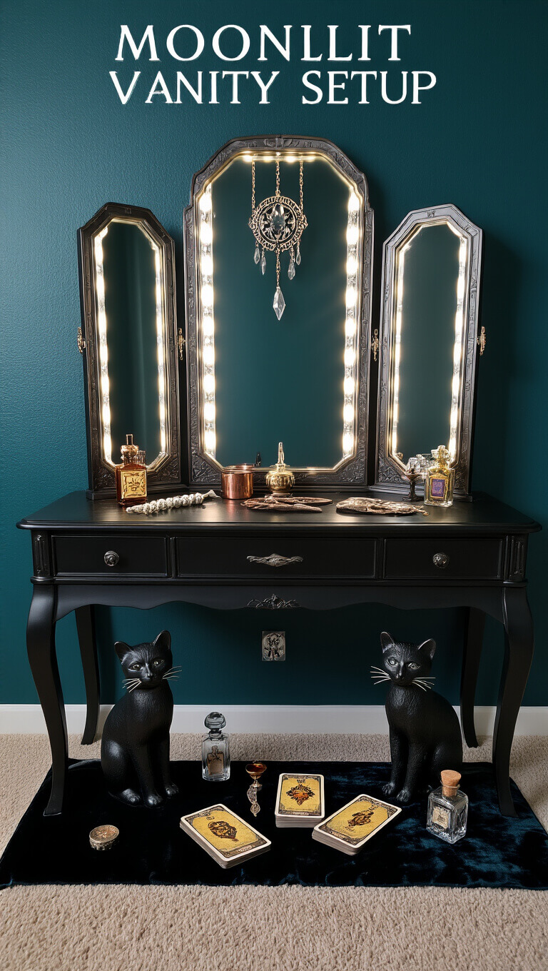 Art Deco black vanity with triple mirror against dark teal wall, featuring ritual tools, antique perfume bottles, tarot deck, and black cat bookends, softly backlit for mirror reflection effects.
