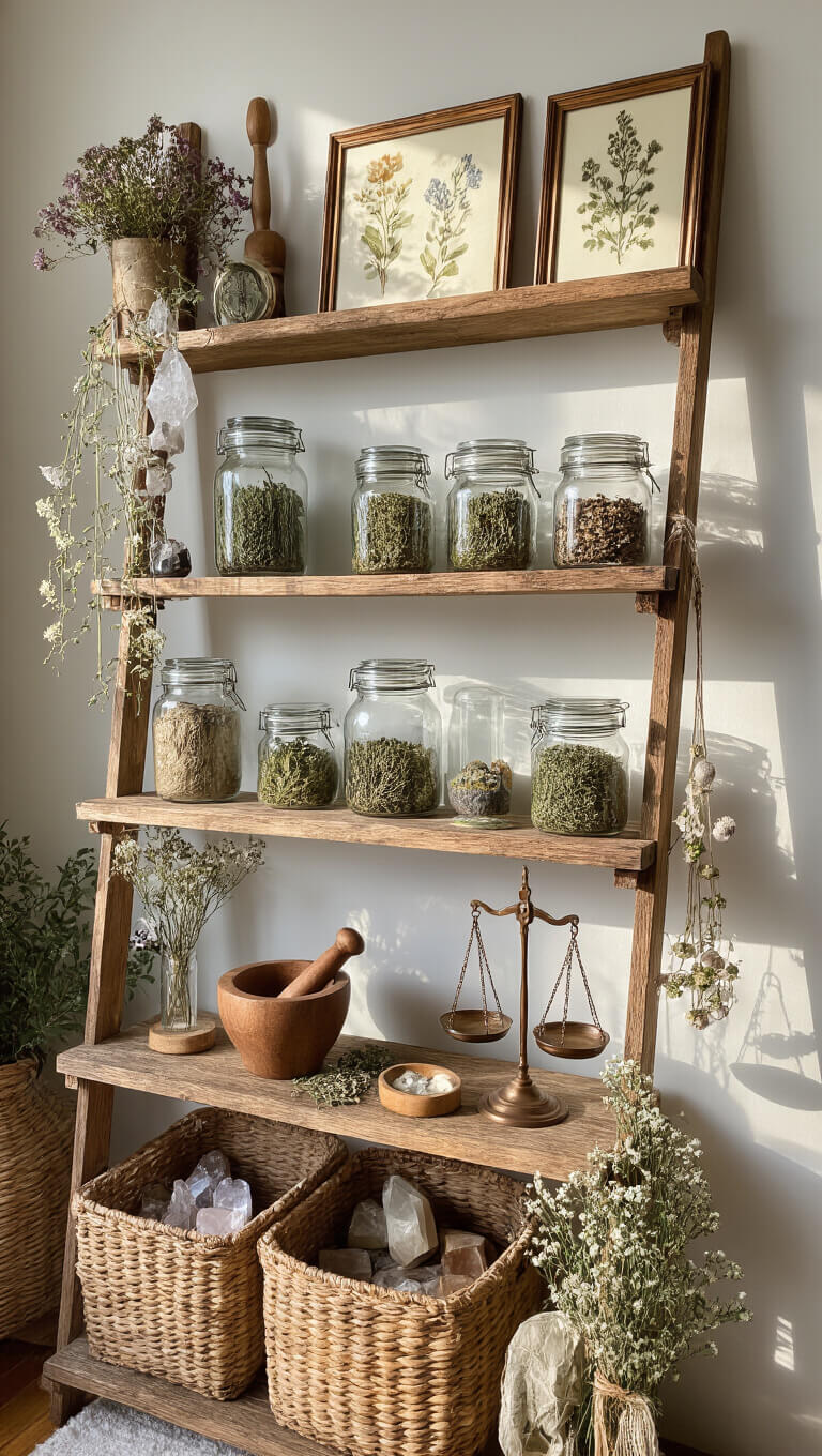Herbal apothecary display on 7ft reclaimed wood ladder shelf with glass jars, vintage scales, mortar and pestle, pressed botanical art, dried flowers, crystal grids, and woven baskets in natural morning light.