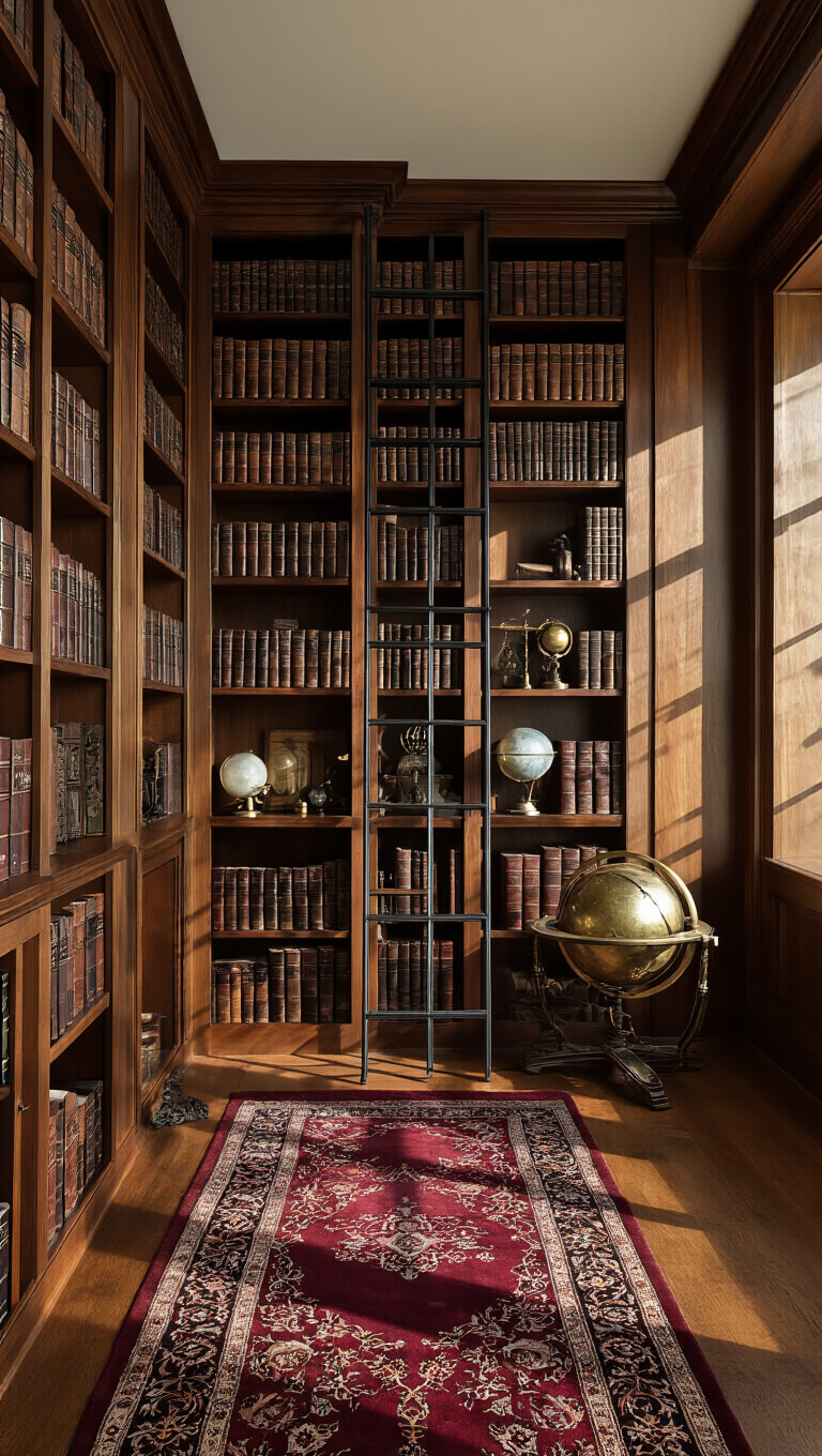 Mahogany floor-to-ceiling library shelves with leather-bound books, crystal spheres, brass astronomical tools, a black metal sliding ladder, vintage celestial maps, and a burgundy Persian runner.
