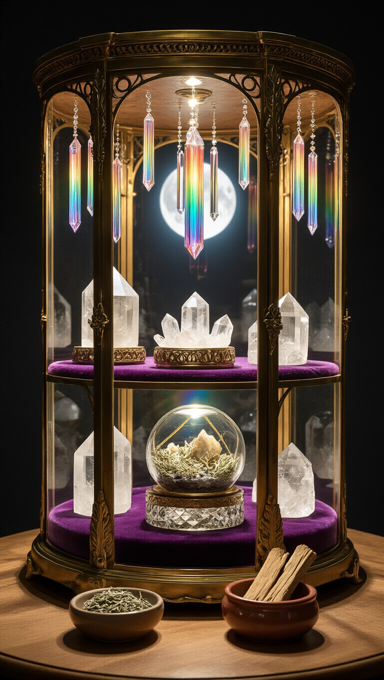 Art Nouveau brass and glass display cabinet with tiered crystals on velvet shelves, terrarium centerpiece, hanging prisms casting rainbows, and ceramic dishes of dried sage and palo santo, moonlit with dramatic side lighting.