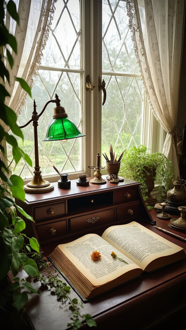 A cozy witchy workspace with an antique dark walnut desk, morning light glinting through crystal hangings, open grimoire marked with dried flowers, vintage quills, ink wells, ritual tools, a brass lamp with green glass shade, and trailing plants framing the scene.