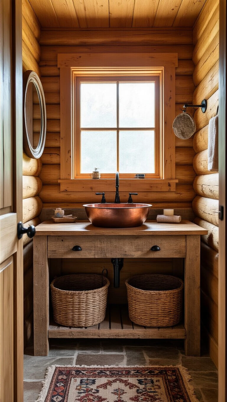 Rustic log cabin bathroom with copper sink on reclaimed wood vanity, pine walls, frosted window sunlight, and vintage decor elements.